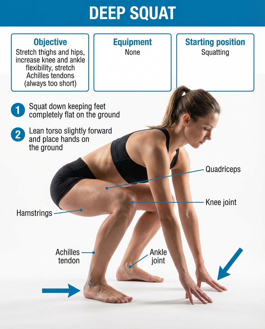 Deep squat with heels on floor