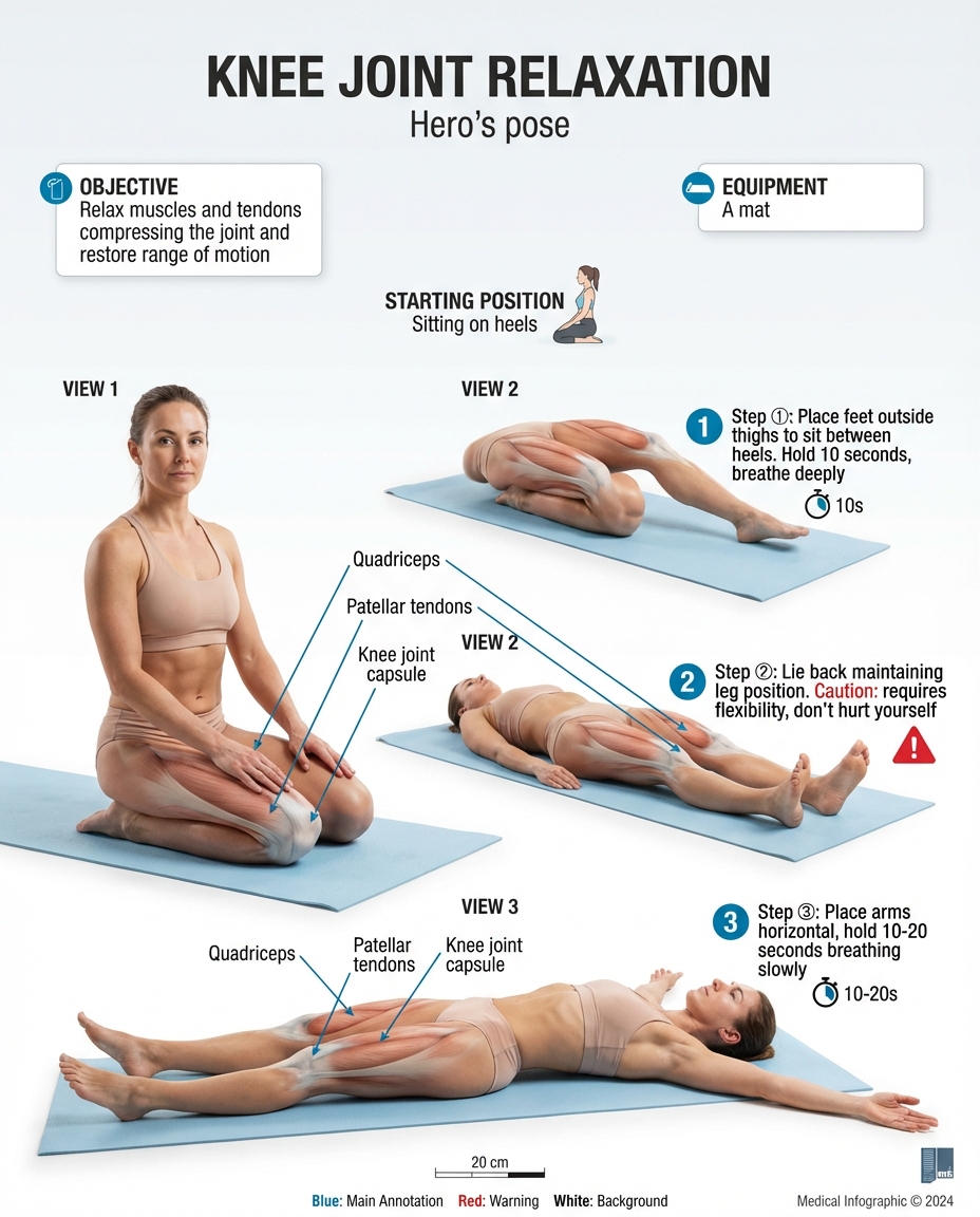 Hero pose for knee joint relaxation