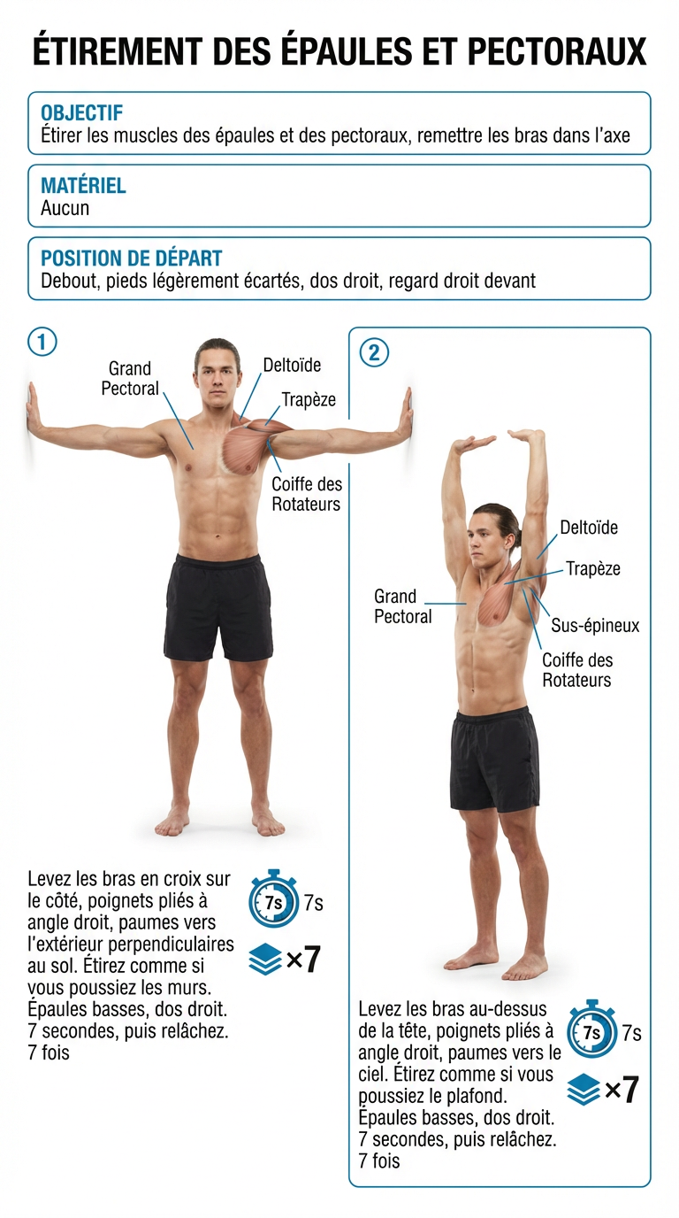 Standing shoulder and pectoral stretch illustration