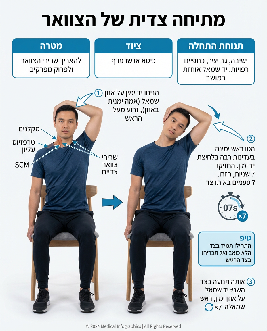 איור מתיחת צוואר צדית בישיבה