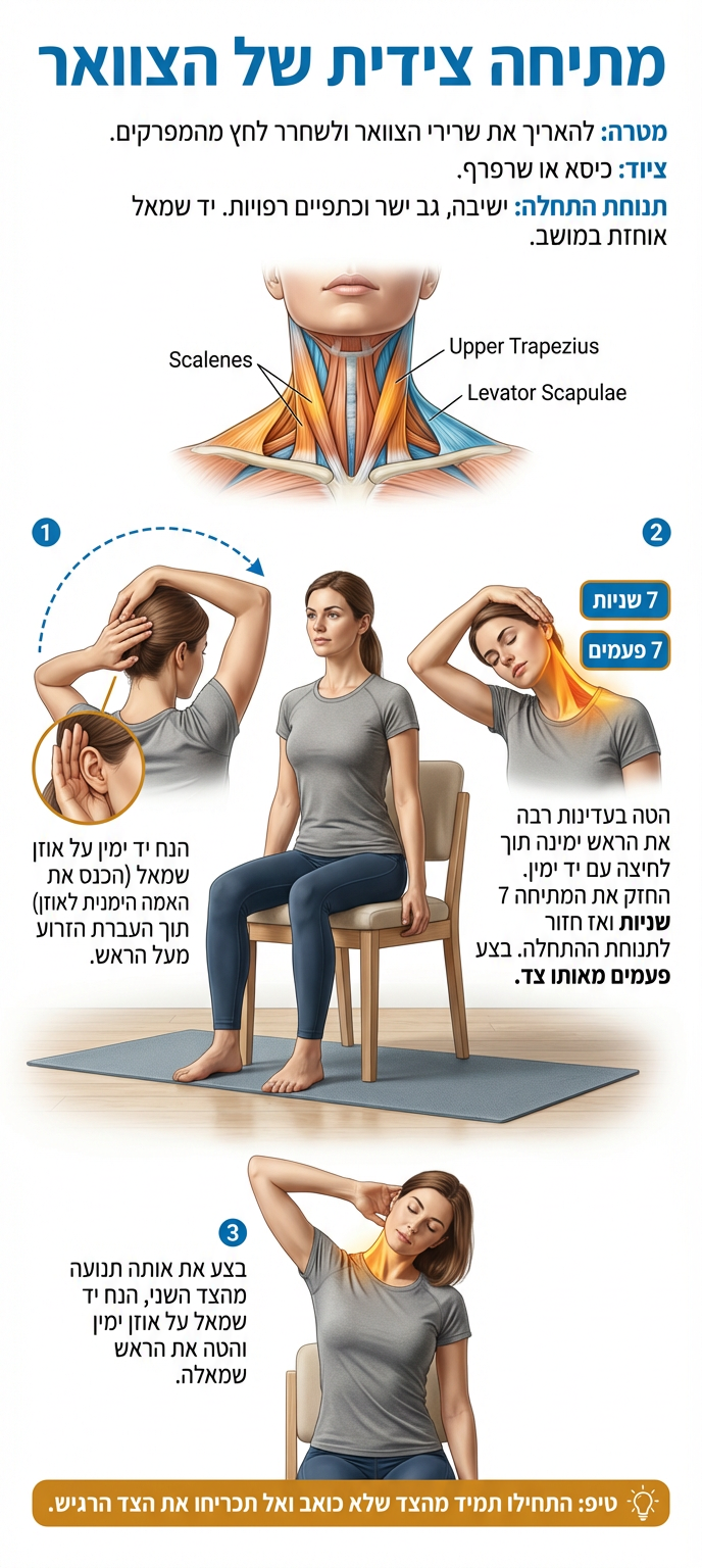 איור מתיחת צוואר צדית בישיבה