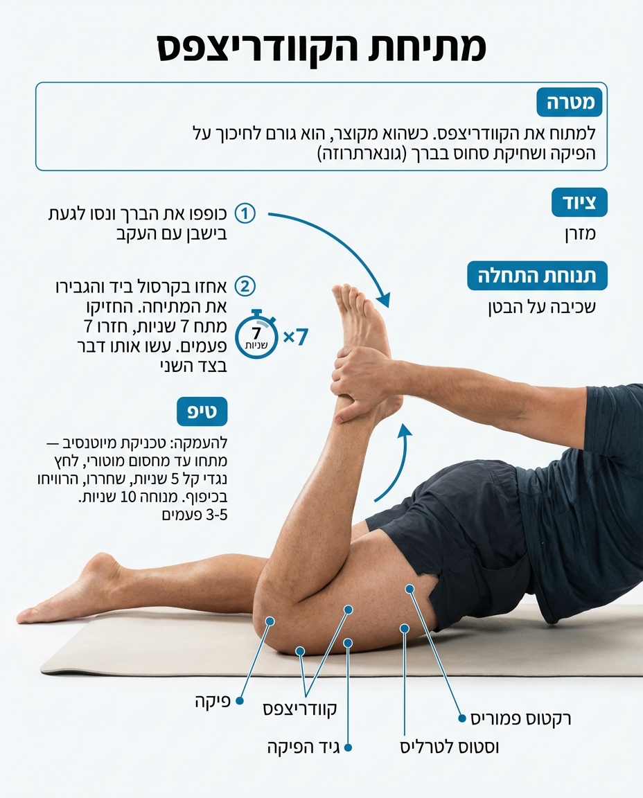 מתיחת קוודריצפס בשכיבה על הבטן