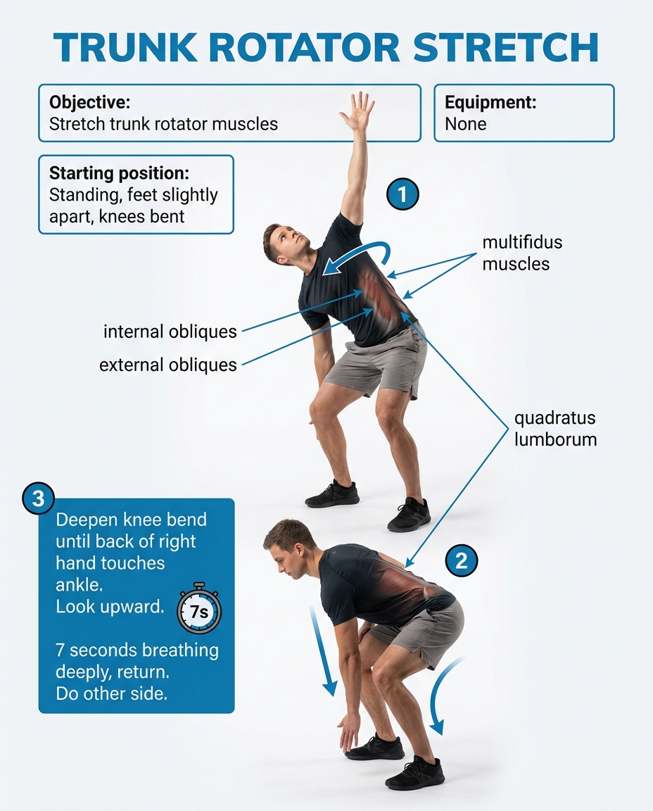 Trunk rotator stretch in three stages