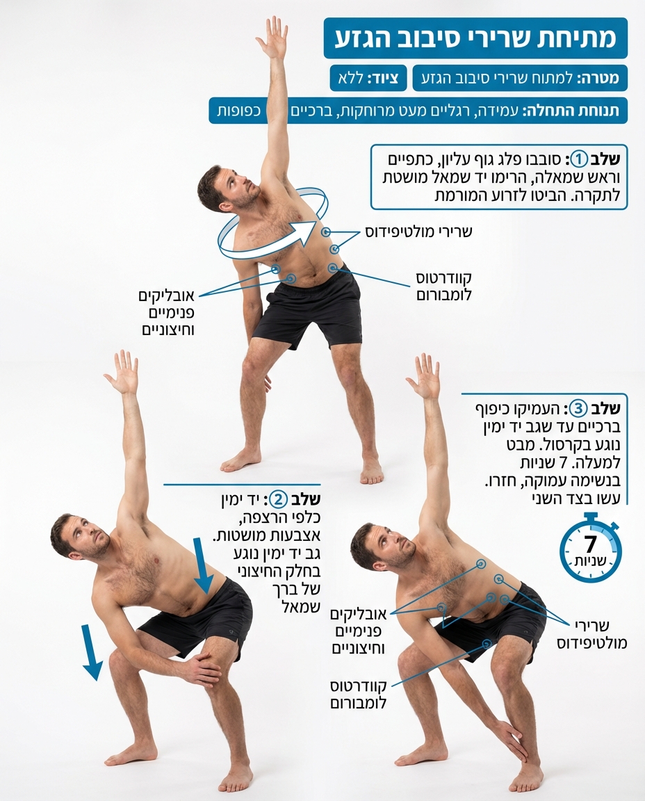 מתיחת שרירי סיבוב הגו בשלושה שלבים