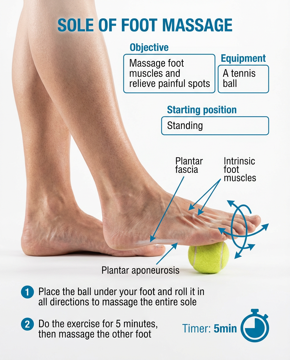 Foot sole massage with a tennis ball