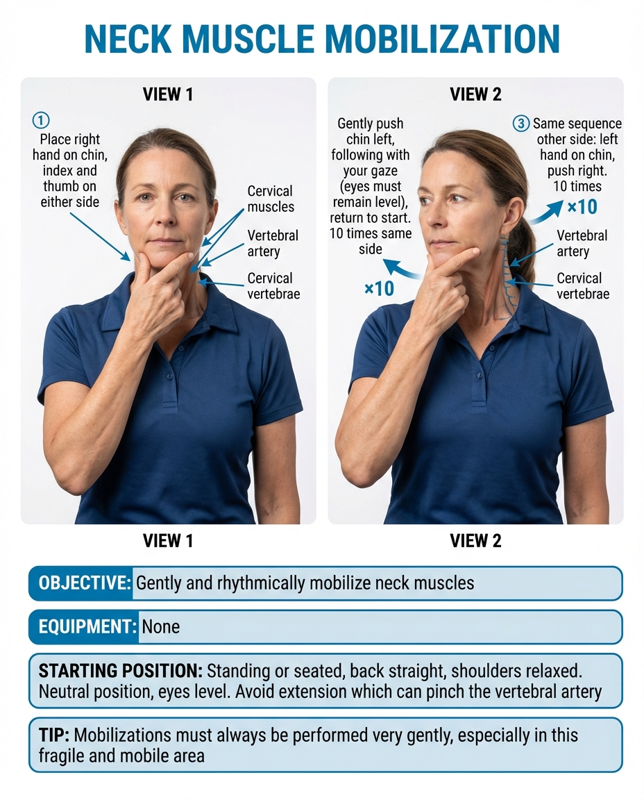 Illustration of neck muscle mobilization with chin guidance