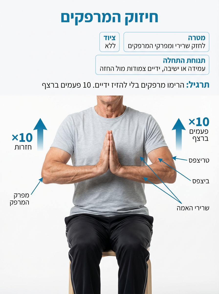 חיזוק מרפקים עם ידיים מחוברות מול החזה