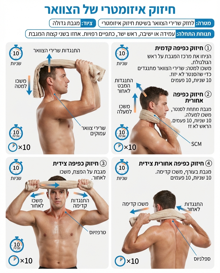 איור חיזוק איזומטרי צוואר עם מגבת גדולה