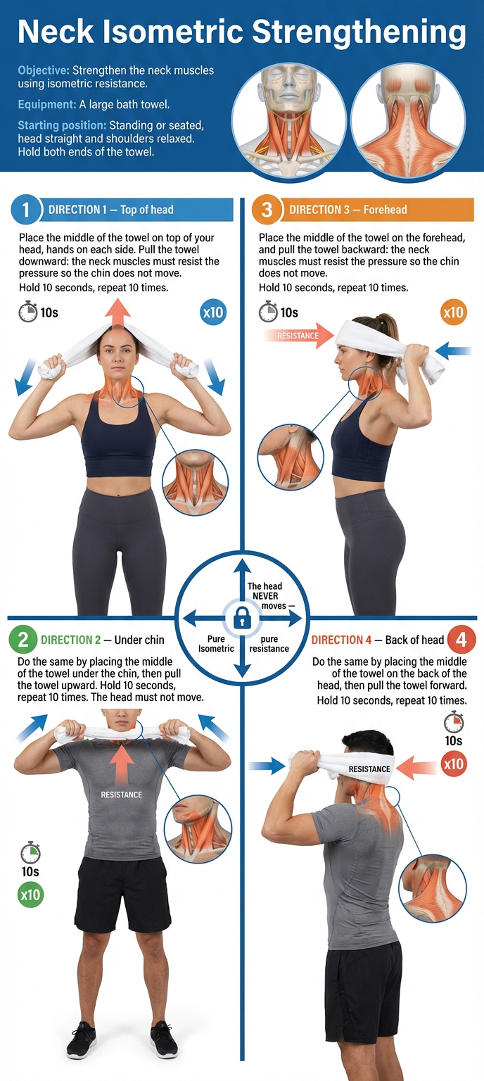 Illustration of isometric neck strengthening in 4 directions