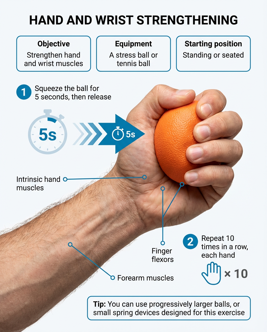 Hand and wrist strengthening with stress ball